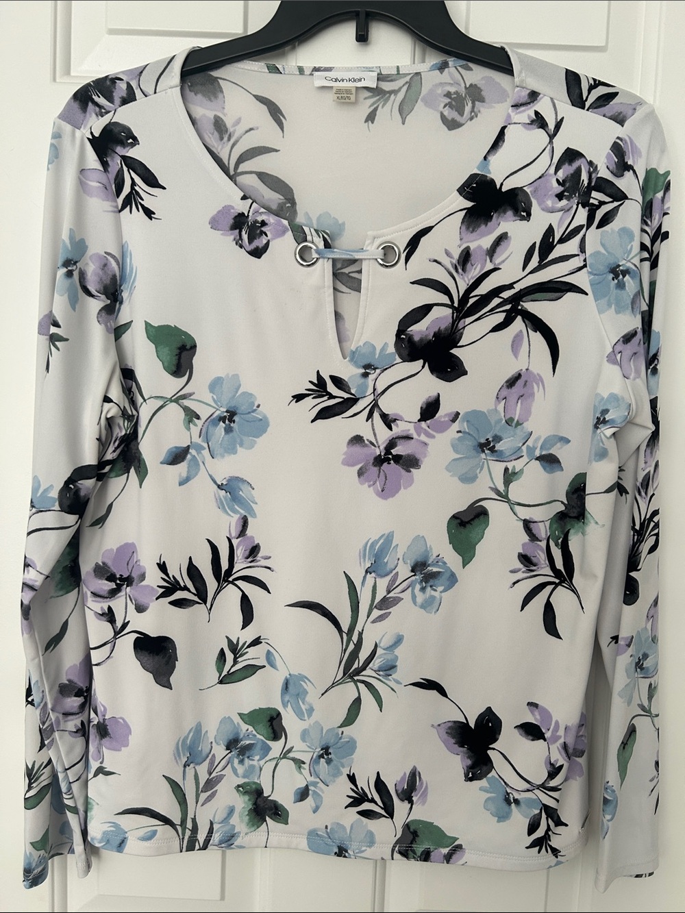 Calvin Klein Floral Lace-Up Long Sleeve Top - Lavender, Blue & Green